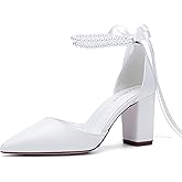 Hyinlays Women's Open Toe Block Heel Pearl Wedding Shoes for Bride Chunky Heeled Sandals Bridal Shoes Pumps