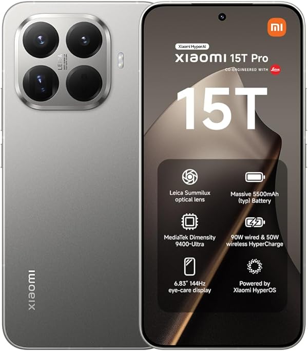 XIAOMI 15T Pro, Smartphone 12+512GB, 6,83" 144Hz augenschonendes Display, MediaTek Dimensity 9400+, 50MP Leica 5X Pro Teleobjektiv, 5500mAh, Titan, 2 Jahre Garentie