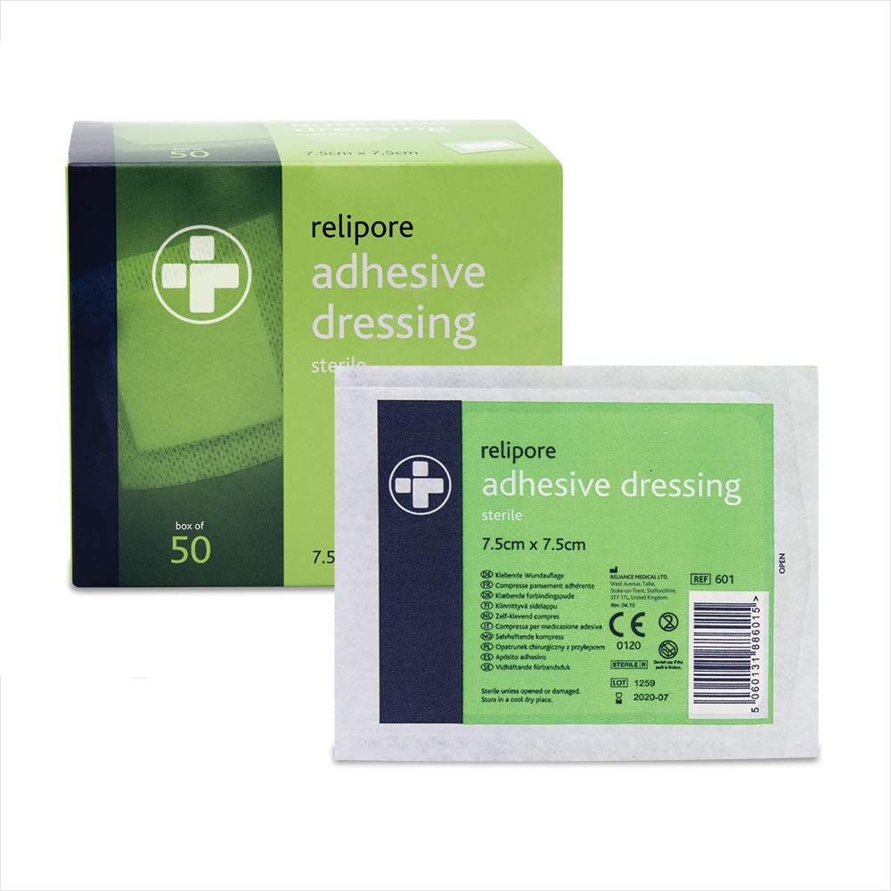 Reliance Medical Relipore Sterile Adhesive Dressings - Ideal for Weeping or Surgical Wounds, Highly Absorbent, Low-Allergy, Individually Wrapped, 7.5 cm x 7.5 cm, (Pack of 50)