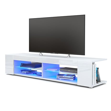 TV Board Lowboard Movie, Korpus in Weiß matt/Fronten in Weiß Hochglanz inkl. LED Beleuchtung in Blau