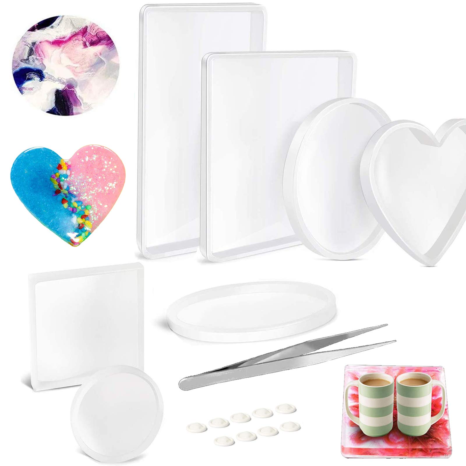 Xfaiz 17PCS Large Resin Casting Molds Kit - DIY Coaster Molds Round Rectangle Heart Shaped Decorative
