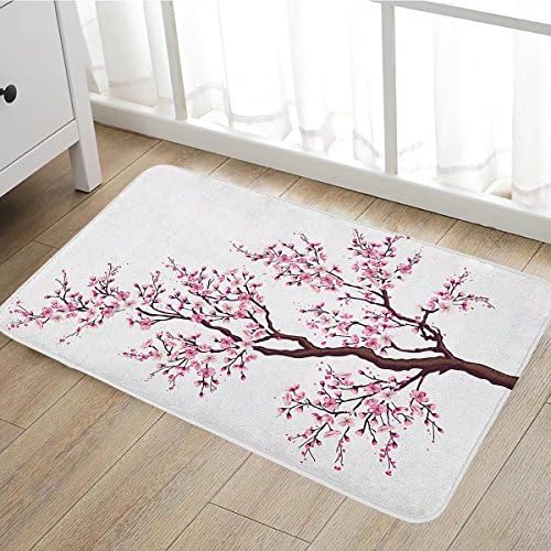 Japanese door mats for home Branch of a Flourishing Sakura Tree Flowers Cherry Blossoms Spring Theme Art Bath Mat Bathroom Mat with Non Slip16"x24" Pink Dark Brown
