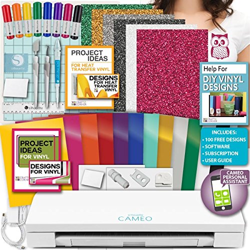 Silhouette Cameo 3 Machine Bundle Oracal Vinyl, Siser Glitter Heat Transfer Vinyl, Tools, Sketch Pen Pack, 12 Vinyl Designs and Project Inspiration