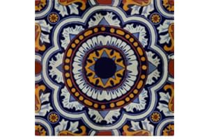 Fine Crafts Imports 6x6 Moroccan Talavera Mexican Tile, 4 Count, Multicolor with Blue, Ceramic, Clay, Water Resistant, Unique Colorful Pattern, Square, Decorative Edge, Full Coverage