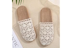 Womens Linen Closed Toe Slippers Lace Detail Non Slip Mute Indoor House Shoes