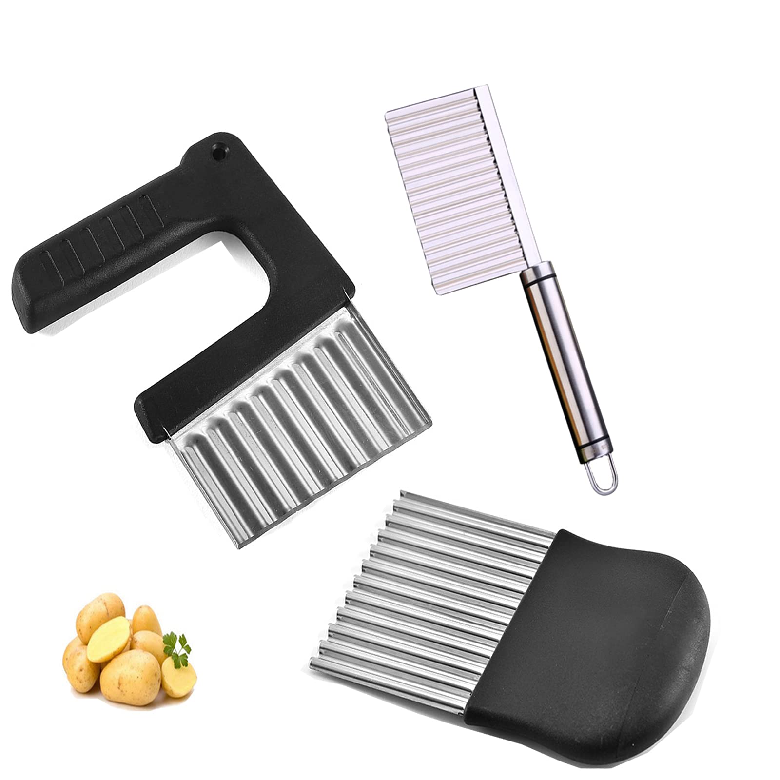 WUERQIE 3 Pieces Crinkle Cutter Stainless Steel Potato Carrot Chip Vegetable Vegetarian Diet Crinkle Wavy Chopper Cutter French Fry Slicer Kitchen Gadgets