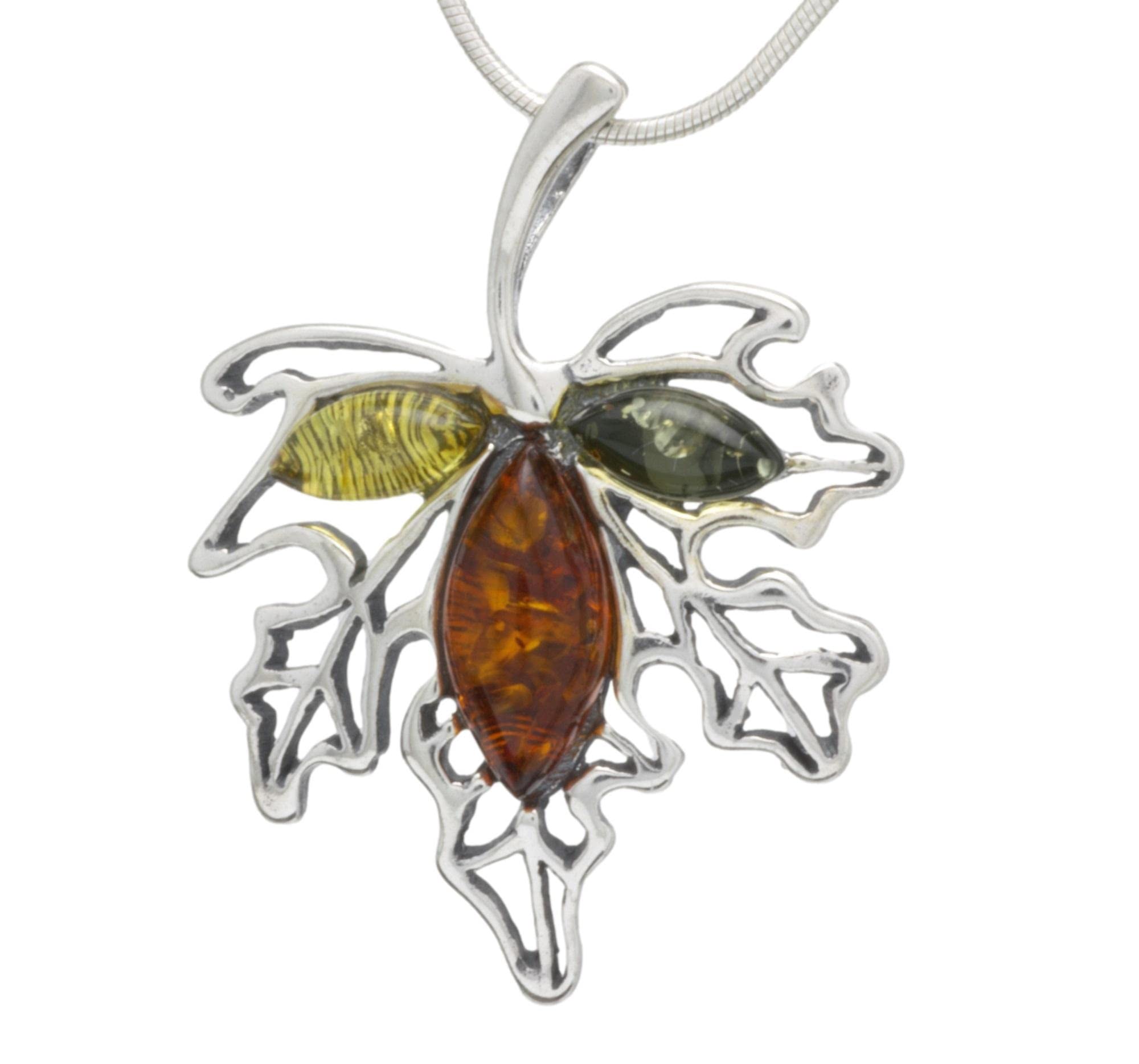LIGURIUS NATURAL BALTIC AMBER STERLING SILVER 925 NECKLACE Multicolour LEAF PENDANT Gemstone For Women & Silver Adjustable CHAIN Snake 45cm - 50 cm, Gift set