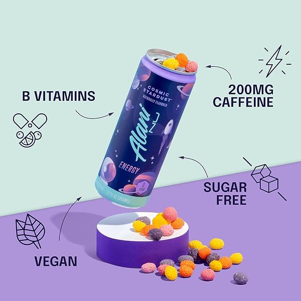 ALANI NU COSMIC STARDUST SUGAR FREE, LOW CALORIE ENERGY DRINKS | 200MG CAFFEINE | PRE WORKOUT PERFORMANCE WITH ANTIOXIDANTS | BIOTIN B VITAMINS | ZERO SUGAR | 15 CALORIES OR LESS | 12 FL OZ CANS (24 PACK)