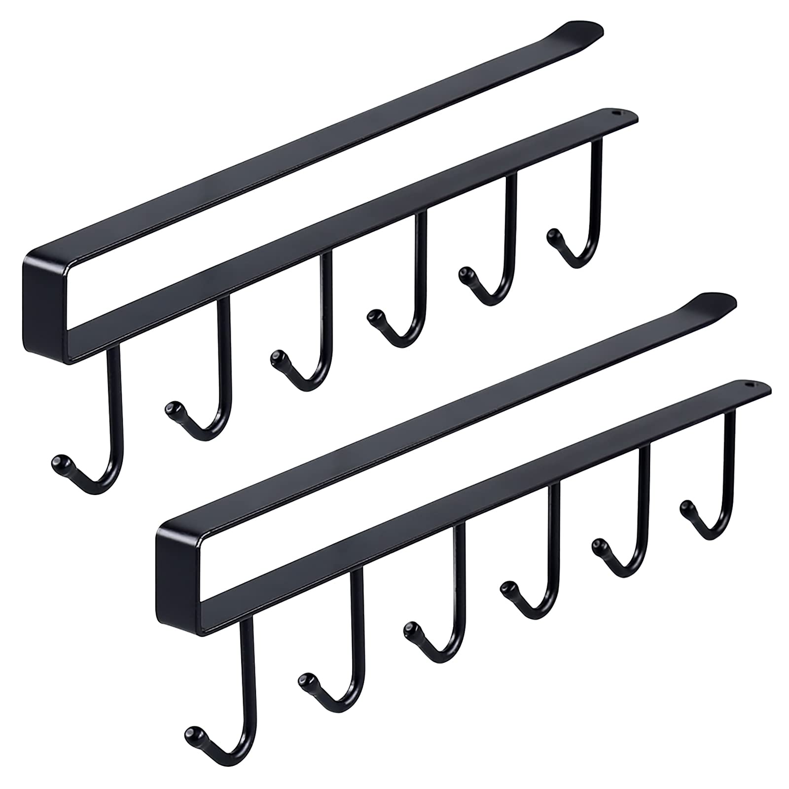 NEUSID Cup Holder Under Cabinet, 2 Pack Shelf Cup Mug Hanger Kitchen Under Cupboard Mug Holder, 6 Black Hook Coffee Cup Mug Holder Towel Holder Cabinet Organizer for Kitchen Cupboard, 25 x 6.5cm