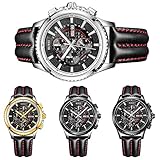 BUREI Mens Women Chronograph Quartz Watches with Analog Dial Stainless Steel Case Calfskin Leather and Stainless Steel Band