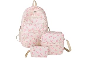 GENERIC Coquette Bow Backpack Women Aesthetic Nylon Rucksack Cute Kawaii Backpack 3pcs Set With Bow Pattern (pink)