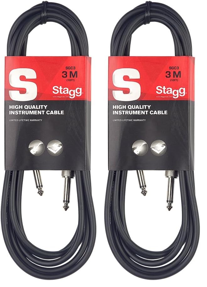 Stagg SGC3 3m, Phone to Phone Plug Instrument Cable, Black (Pack of 2)