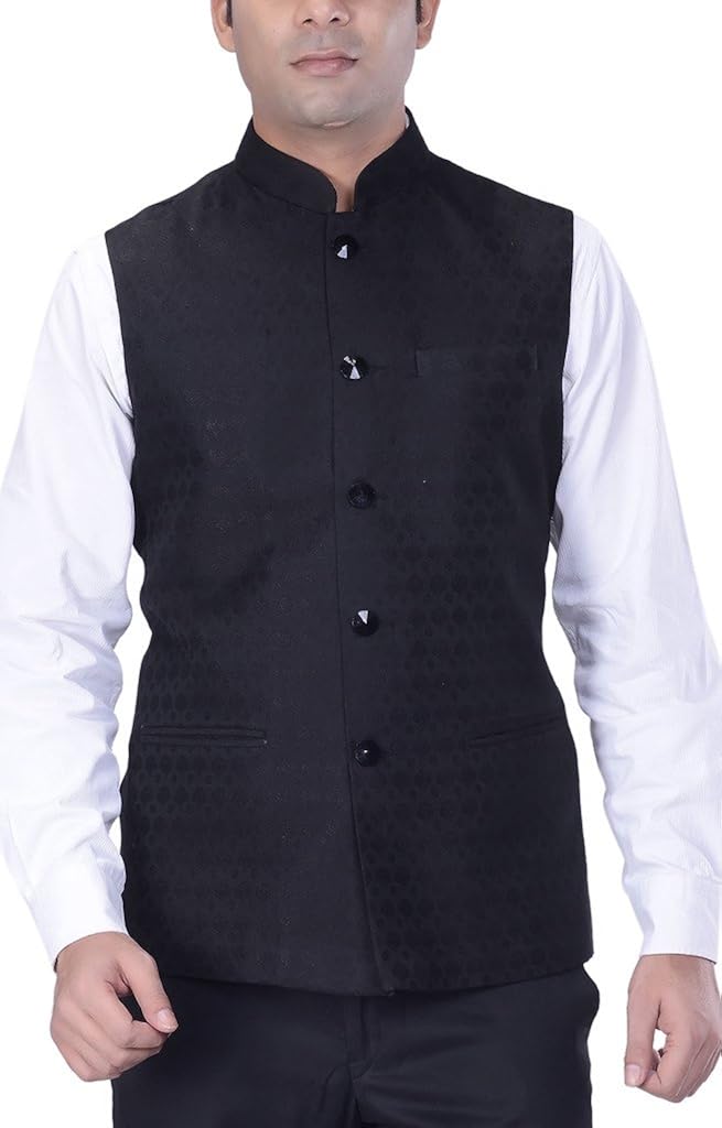 kisah men's woven cotton silk black nehru jacket