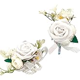 Syueblm Wrist Corsage and Boutonniere Set, Artificial Rose Corsage Wristlet and Boutonniere for Wedding Prom Party (White 1 Boutonniere&1 Wrist Corsage)