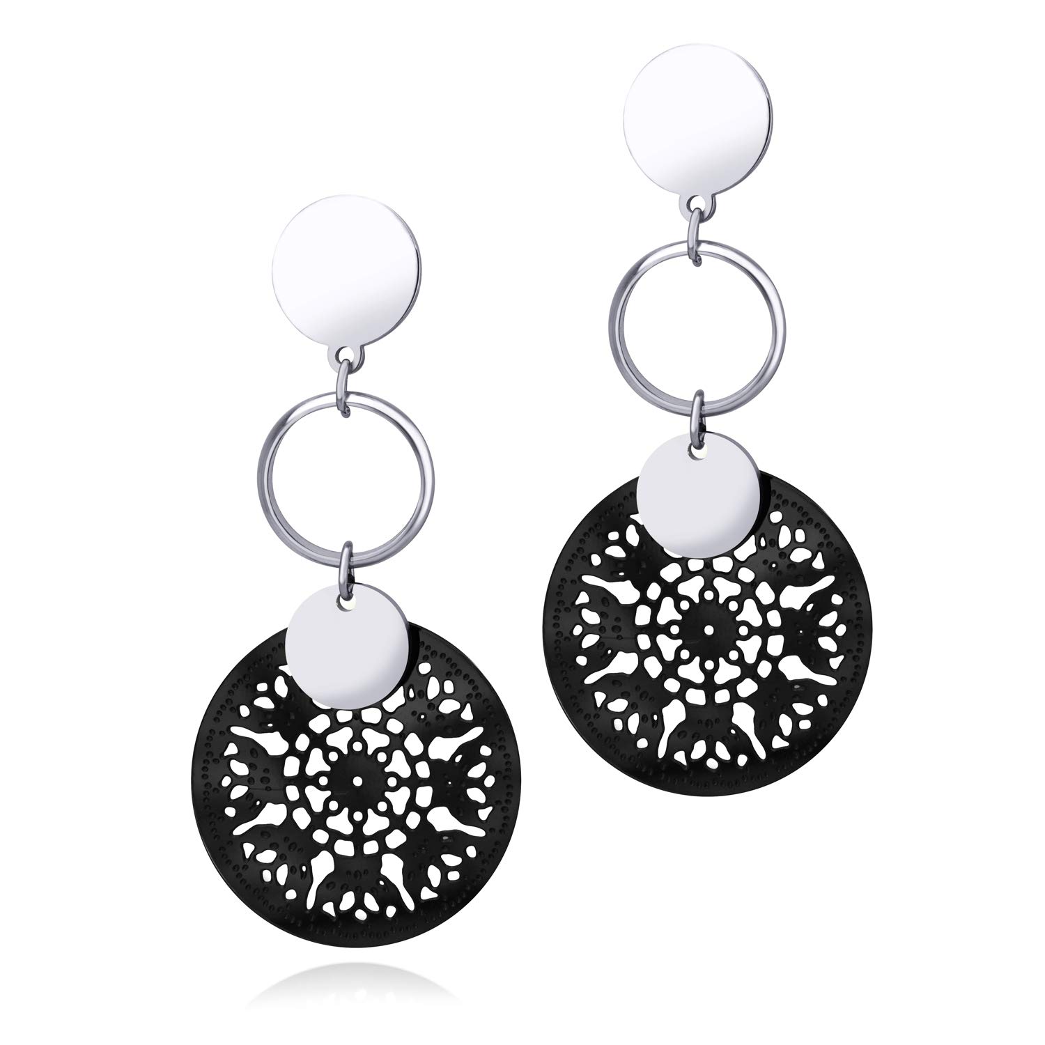 555Jewelry Stainless Steel Circle Drop Dangle Women Earrings, Filigree Earrings for Women, Chandelier Earrings, Hanging Earrings for Women Dangling Earrings for Ladies, Silver/Black