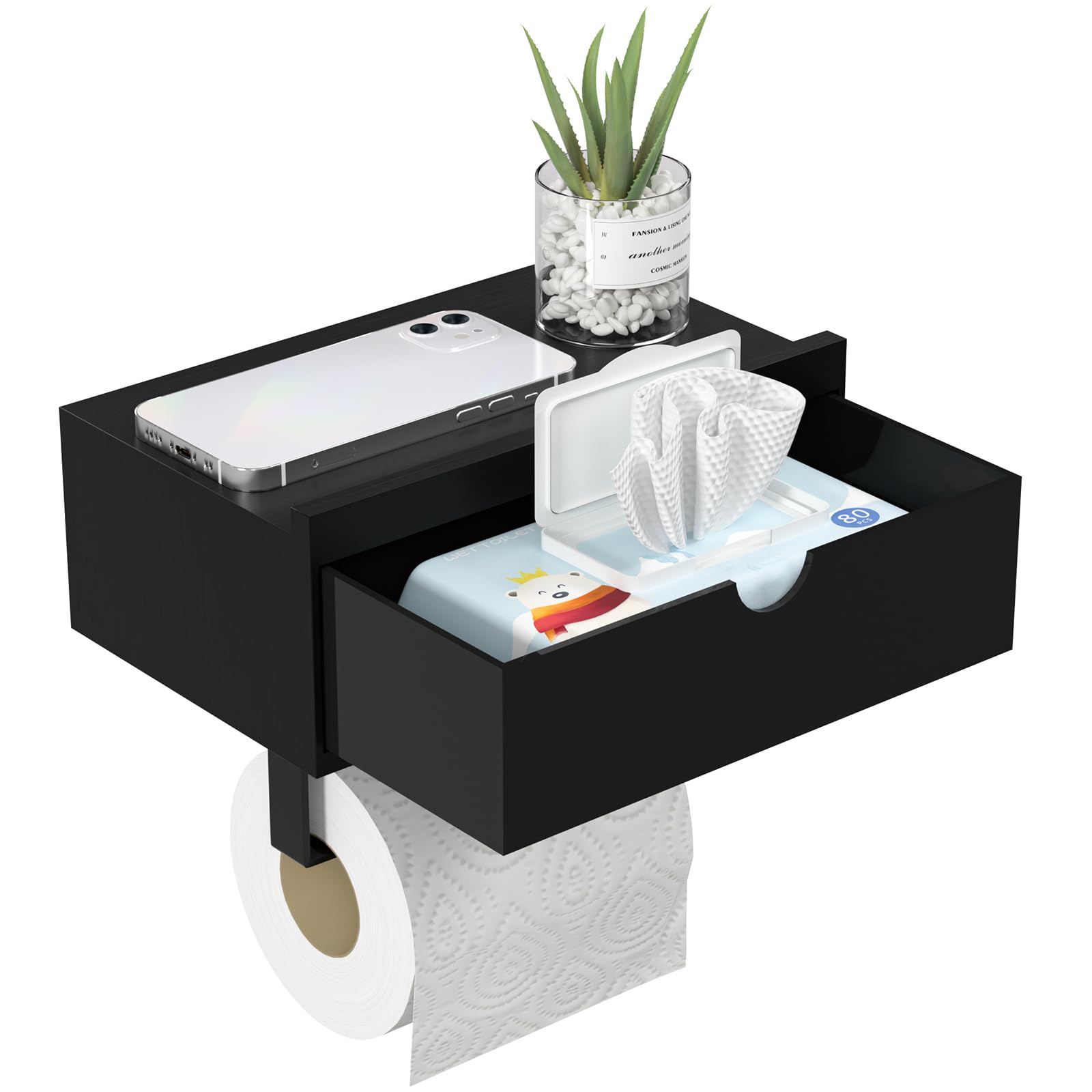 Photo 1 of Domax Black Toilet Paper Holder with Shelf,Wall Mount/Adhesive Bathroom Toilet Paper Holder,Bamboo Wood Tissue Toilet Roll Holder with Storage Drawer for Organizer Wipes,Fits Any Room, Large