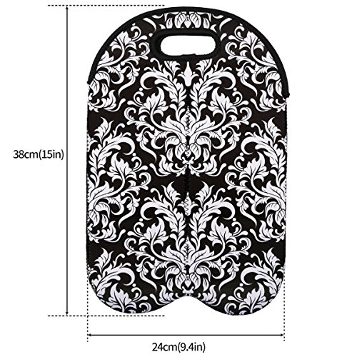 2-Bottle Insulated Neoprene Wine/Water/Beverages Bottle Tote Wine Carrier Picnic Cooler Bag (Black Flower) - Thumbnail 4