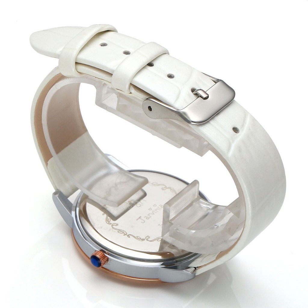 JSDDE Uhren,Elegant Frauen Armbanduhr Strass R?misch Ziffern Damenuhr Echtleder Armband Analog Qaurzuhr J565M,Weiss