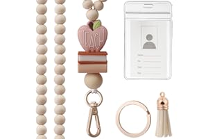 GUENOCIK Teacher Lanyard with ID Holder, Fashion Wood Beaded Lanyard for Keys, Super Cute Boho Breakaway Lanyard for Women