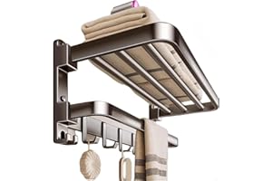 Foldable Aluminum Towel Rack Wall Mounted With Hooks And Shelf Space Saving Bars Gunmetal Finish For Bathroom Laundry Room