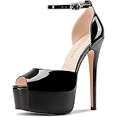 TNYNFBEB Womens Stiletto High Platform Heel Peep Open Toe Sandals Ankle Strap Buckle Prom Party Dress Patent Leather 6.1 Inches Heels