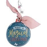 Glory Haus Magical Christmas Ornament - Unique Unicorn Santa Hand-Painted Ceramic Ornament for Christmas Tree Decor, Decorations, and Collectible Ornaments, Teal Blue Christmas Ball with Pink Ribbon