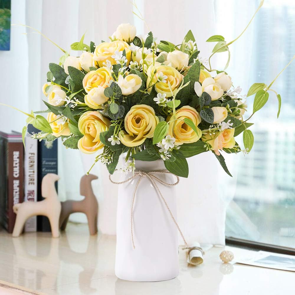 Amazon Com Yuyao Artificial Flowers Rose Bouquets With Vase Fake Flower With Ceramic Vase L Flowers For Wedding Home Table Office Party Patio Decoration Yellow Kitchen Dining