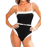 CUPSHE Women's One Piece Swimsuit Square Neck Bathing Suit Color Block Crisscross Back Cutout Adjustable Straps Self Tie
