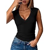 PRETTYGARDEN Womens T Shirts Spring Fashion 2026 V Neck Sleeveless Cute Going Out Tops Plain Fitted Tank Top Y2k Outfits
