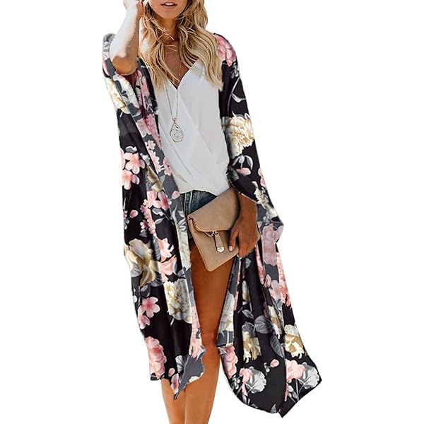 Kimono Floral Barlver Para Mujer - Chal Abierto, Gasa Y Poliéster, Talla Large, Ropa De Playa O Diario