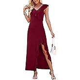WEACZZY Women V Neck Sleeveless Casual Maxi Dress Petal Wrap Ruffle Backless High Slit Cocktail Party Long Dresses
