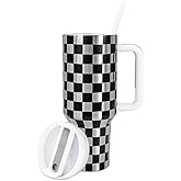 FYSUIMU 40oz Checkered Tumbler with Straw and Lid White Black Plaid Stainless Steel Cup with Handle Reusable Insulated Cup Tessellated Pattern Travel Coffee Tumbler Cup for Home Office