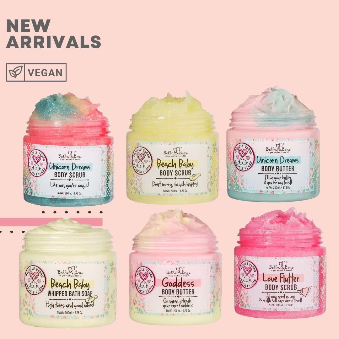 Bella & Bear Unicorn Dream Body Scrub - Vegan, Cruelty-Free, Paraben-Free Exfoliating Sugar Scrub for Smooth Skin - Mango, Pineapple & Vanilla