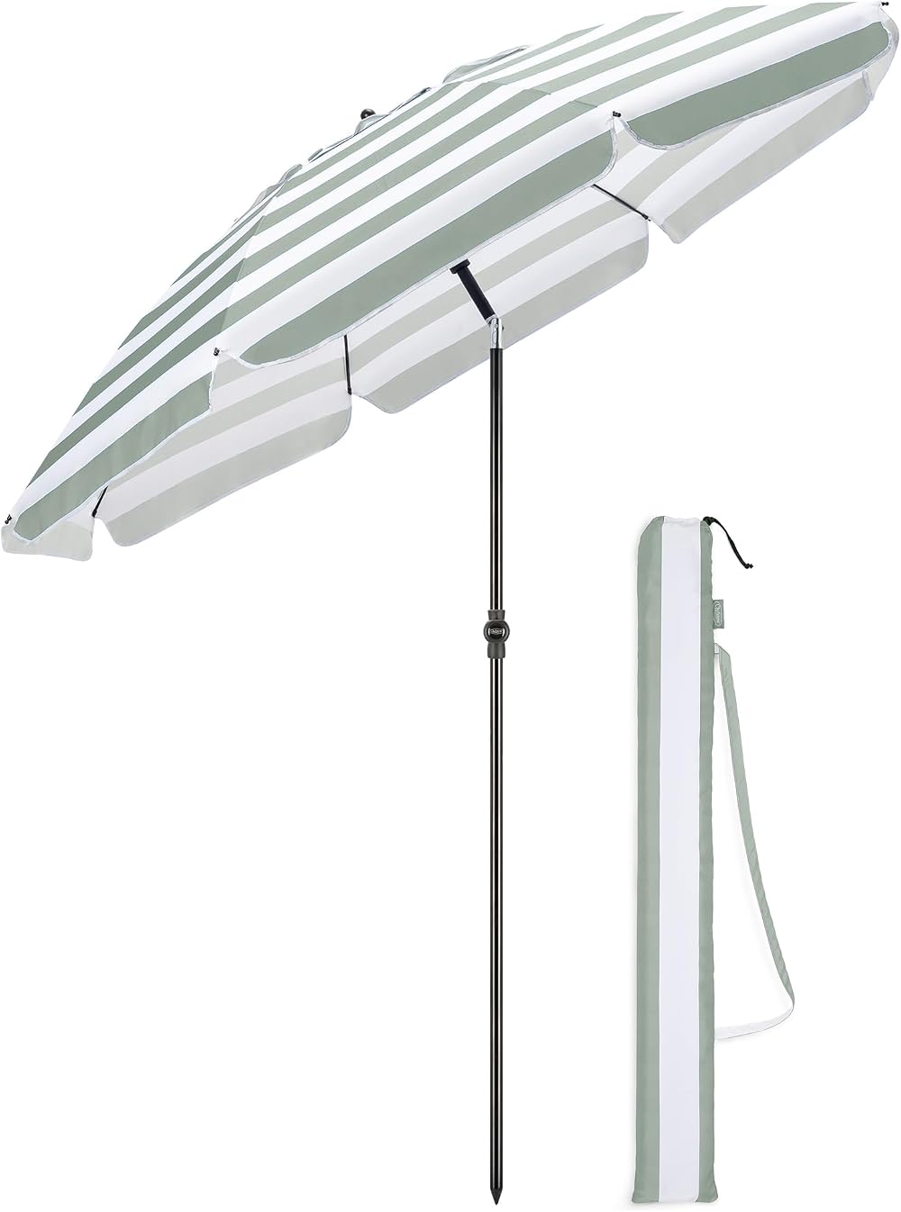CHRISTOW Beach Umbrella 2m Tilting Parasol UV 30+ with Bag Sage White