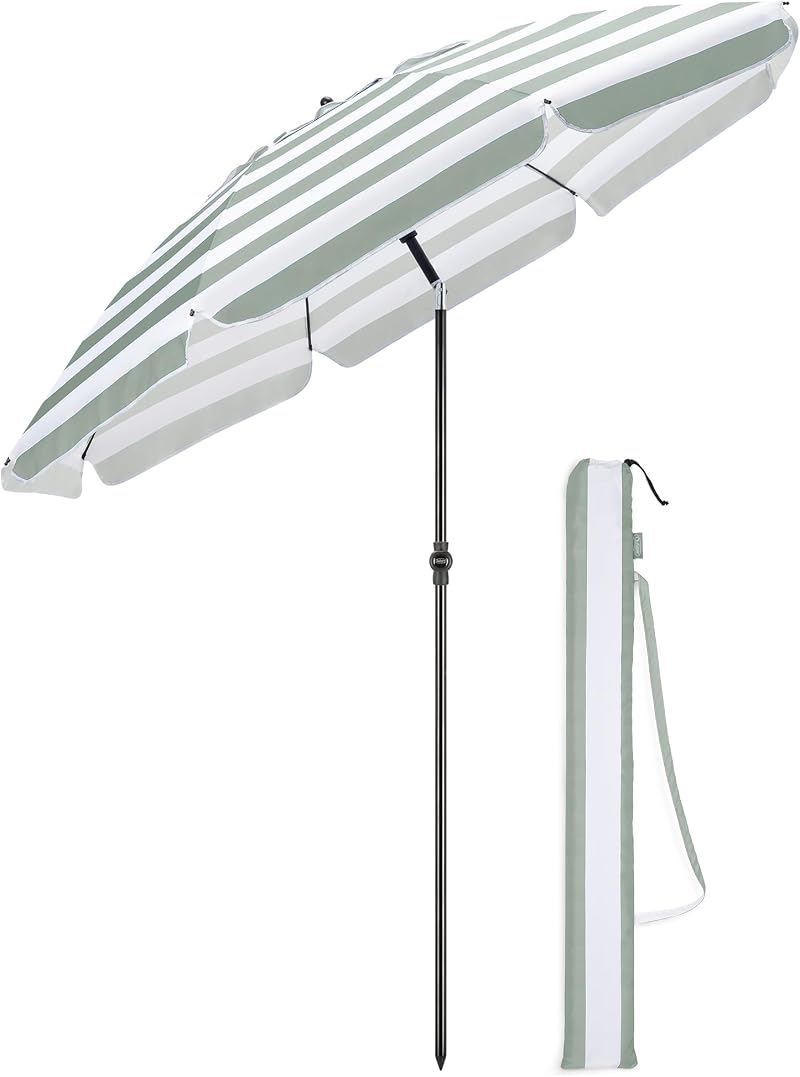 CHRISTOW Beach Umbrella 2m Tilting Parasol UV 30+ with Bag Sage White
