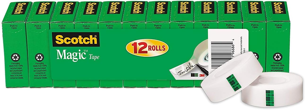 Scotch Magic Tape, 12 Rolls, Numerous Applications, Invisible, Engineered for Repairing, 3/4 x 1000 Inches, Boxed (810K12) : Clear Tapes : Office Products