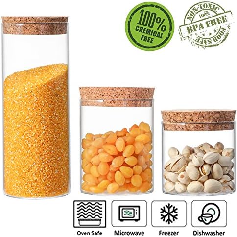 Anleolife Glass Food Storage Containers with Airtiight Cork Lid, Kitchen Jars Canister Set of 3, Bonus with Chalkboard Labels (10/14/30oz)