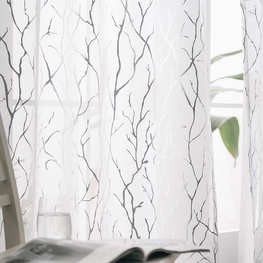 Kotile White Net Curtains for Bedroom Metallic Silver Foil Tree