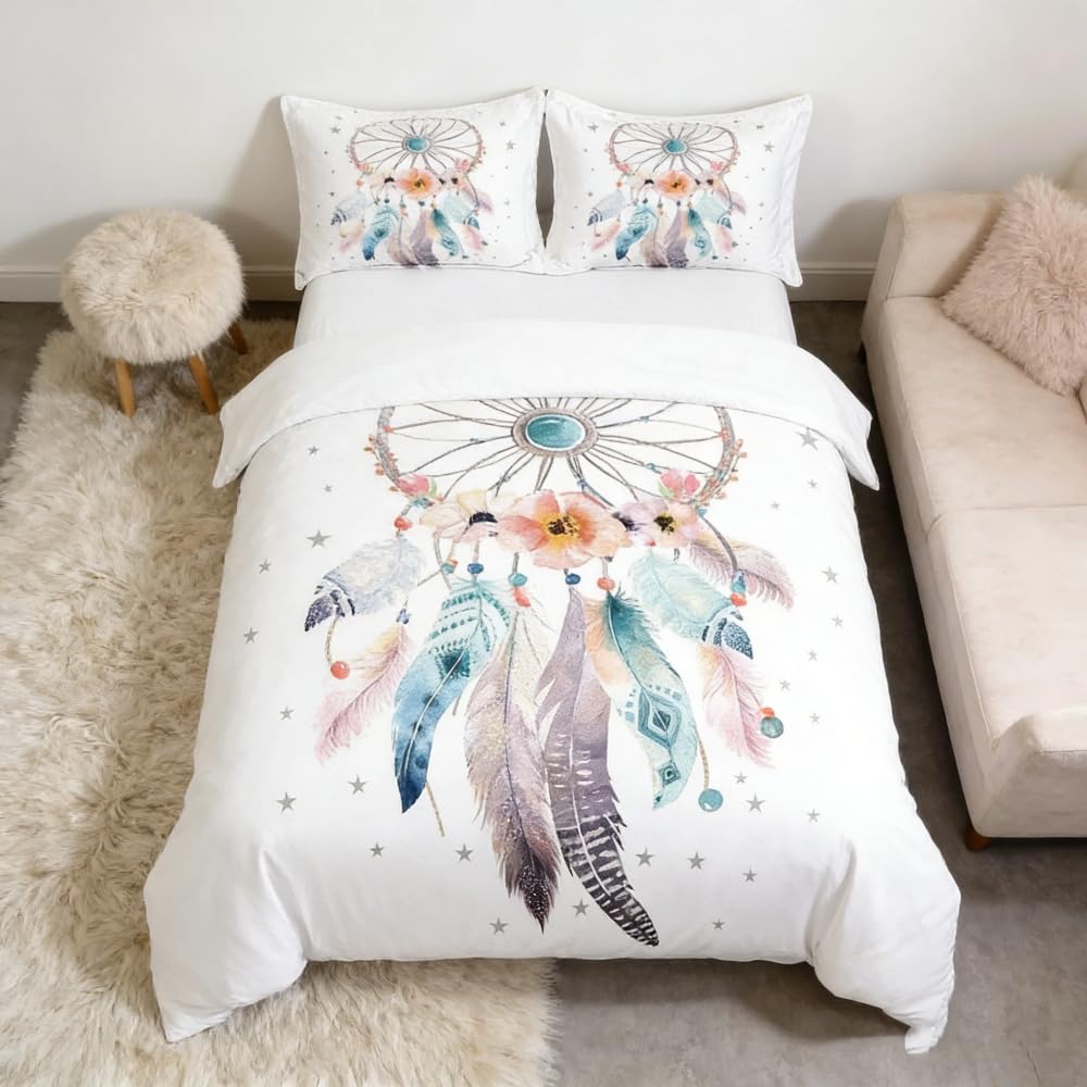Loussiesd Dreamcatcher Duvet Cover Boho Dream Catcher Bedding Set Bohemian Style Comforter Cover for Girls Women Floral Flowers Hippie Feather Bedspread Cover King Size 3Pcs — image 1