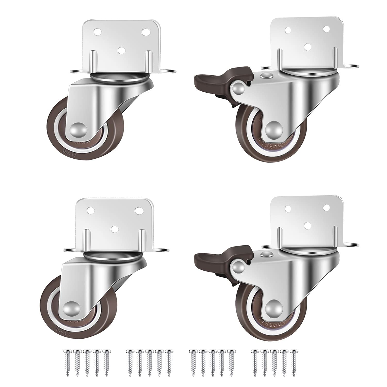 4 Swivel Castors for Furniture, 38 mm with Brake Furniture Castors, L Mounting Plate, Suitable for Furniture, Flower Stands, Cribs (38 mm)