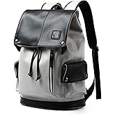 MOYYI Leather Laptop Backpack for Men Vintage Backpack Fits 15.6" Laptop Waterproof Drawstring Backpack for Travel Daily Business White