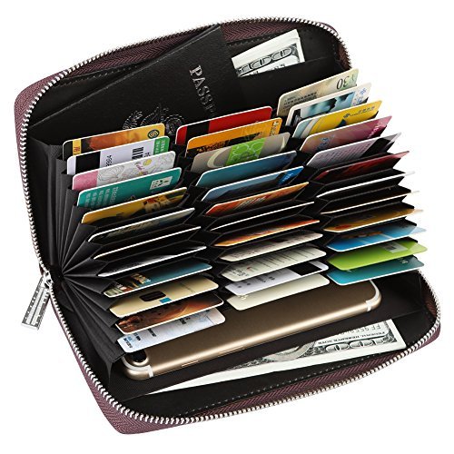 Cynure Women 36 Slots RFID Blocking Card Holder Large Long Leather Zipper Checkbook Accordion Wallet,Coffee