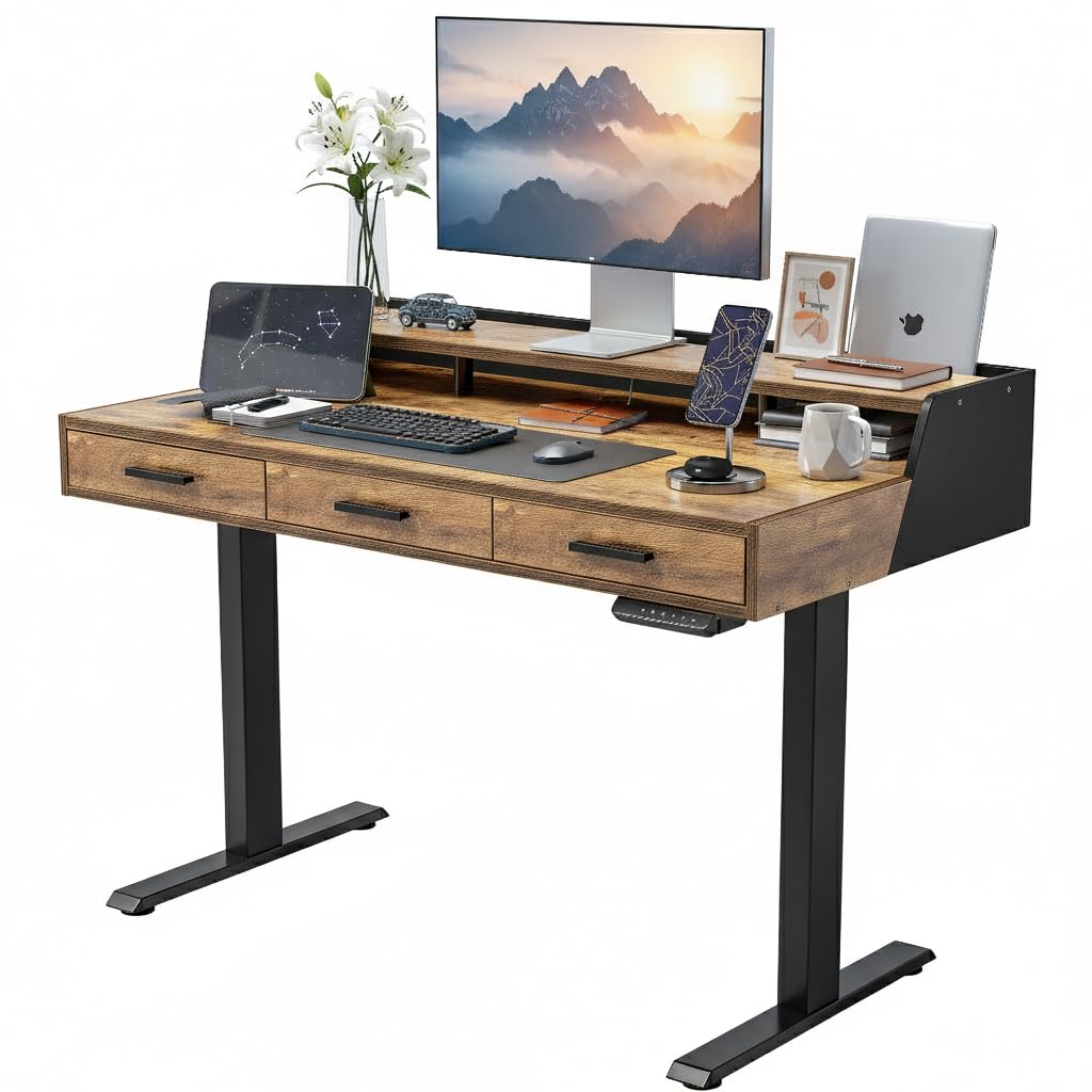 CubiCubi Standing Desk 48x26 Inches with 3 Wood Drawers and Monitor Shelf, Ergonomic Rising Home Office Desks, Height Adjustable Computer Desk, Sit Stand Up Electric Workstation Table, Rustic Brown Image