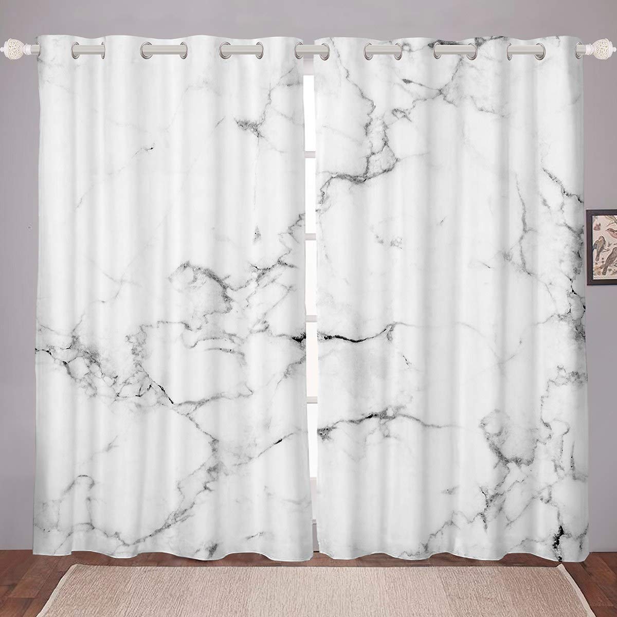 Loussiesd Marble Printed Curtains White Marble Pattern Window Curtain Abstract Art Window Treatments for Children Kids Women Men Simple Black Modern Marble Design Drapes Room Decor W46*L54