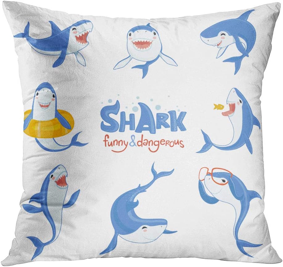 Suklly Throw Pillow Cover Square 18x18 Inch Shark Cute Animal Fish Attack Playing Cushion Home Sofa Decor Hidden Zipper Polyester Pillowcase