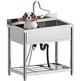 GGW Stainless Steel Large Utility Sink Single Bowl, Freestanding Laundry Sink with Pull-Out Faucet, Utility Sink for Laundry 