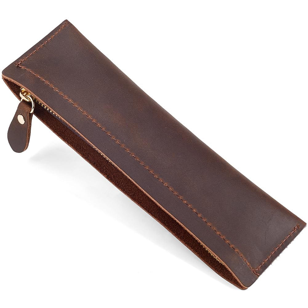 GORGECRAFT Crazy Horse Cowhide Leather Pencil Case Rectangular Vintage Pen Bag with Zipper Closure Real Leather Pencil Pouch Genuine Leather Fountain Pen Holder for Stationery Storage, Coconut Brown