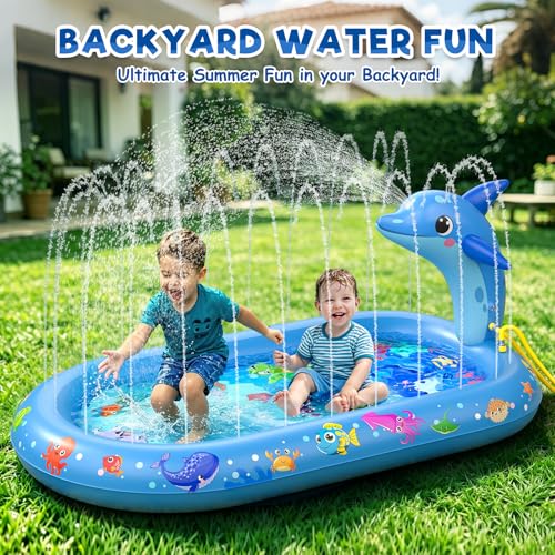 Inflatable Paddling Pool for Kids, Splash Pad for Kids, 3 in 1 Dolphin Pattern Kids Pool Inflatables, Thickened Material with Water Pipe, Backyard Summer Water Toys for Boys and Girls Age 1+