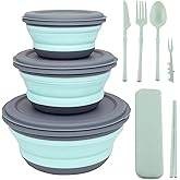 YAOBVIS Collapsible Bowl, 3 Pcs Food Grade Silicone Camping Bowl, Expandable Salad Bowl Lunch Box with Lid & Tableware for Travel and Picnic (Blue)