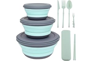YAOBVIS Collapsible Bowl, 3 Pcs Food Grade Silicone Camping Bowl, Expandable Salad Bowl Lunch Box with Lid & Tableware for Tr